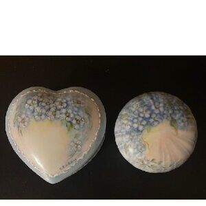 Vintage Porcelain Heart Shaped Trinket Box & Footed Bowl Hand Painted Signed Box